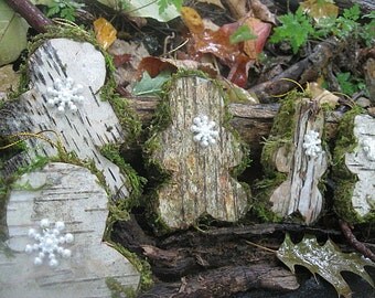 BIRCH BARK GINGERBREAD Man Hanging FoReST ornament with Snowflake