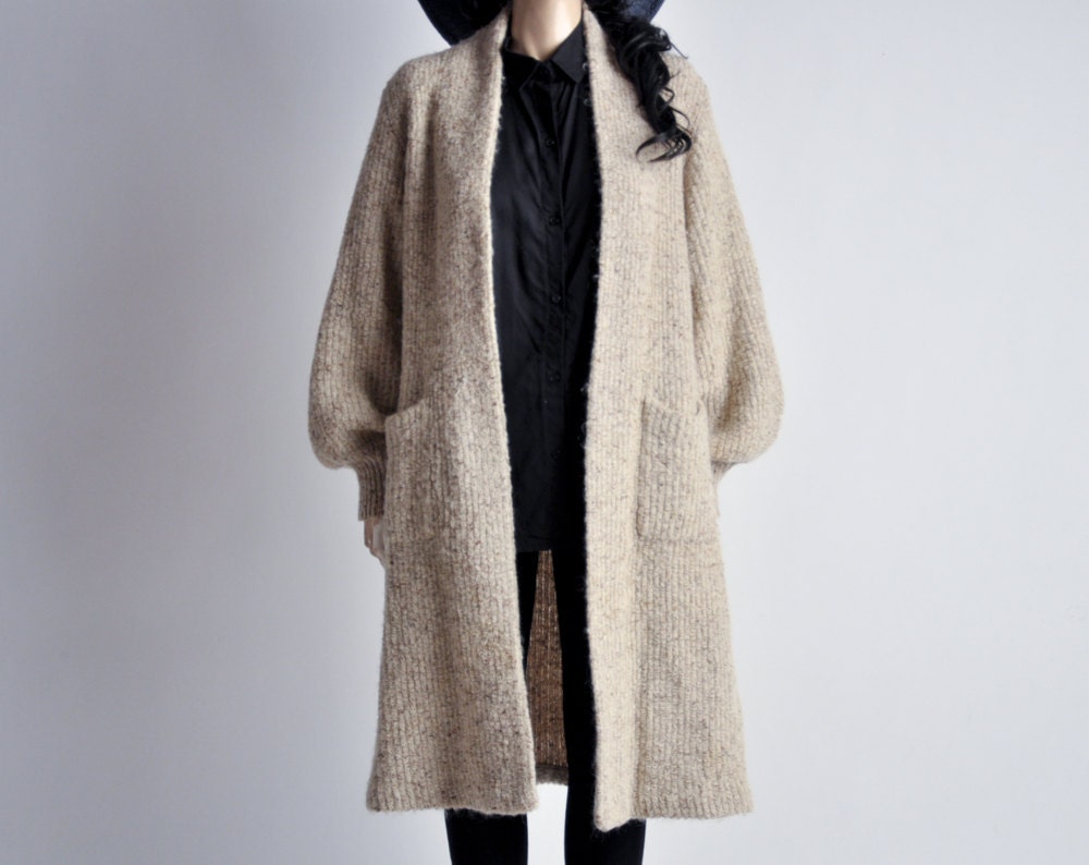 long oatmeal boucle knit sweater coat / cardigan / s / m