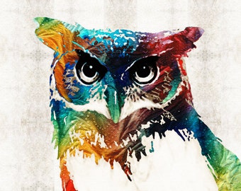 Owl Art PRINT From Painting Cute Bird Colorful Fun Happy Whimsical Primary Colors Animal CANVAS Ready To Hang Artwork Zoo Eyes Collectible
