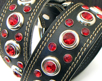 Heavy Duty Big Black Leather Dog Collar with Red Bling Gems Size L/XL ...