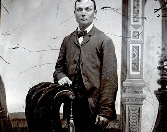 vintage photo Sweet Young Man Tintype Stands by Chair in Studio