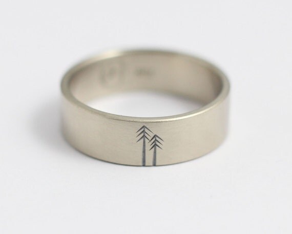 Wedding Ring, Engagement Ring or Wedding Band Men's, Women's Matte Gold Woodland Wedding two Pine Trees