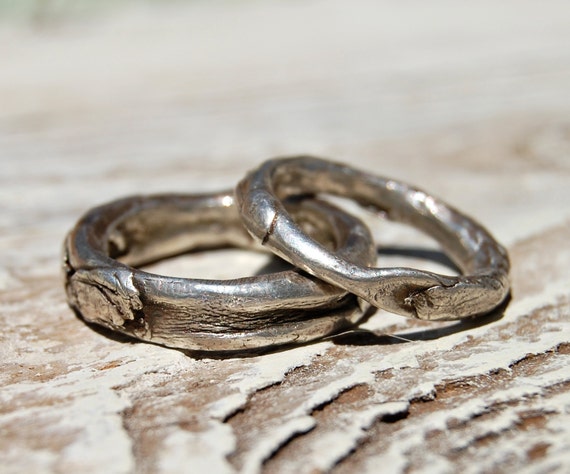 Unique wedding rings simple handmade rustic primitive silver bands