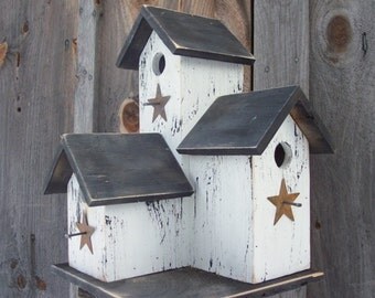 Primitive Country Condo Birdhouse White and Black Three Nesting Boxes