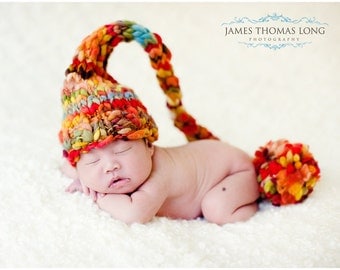 NEWBORN Baby Photography Prop - Knit Hat - Elf - Fall - Autumn - Handdyed and Handspun yarn