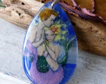 Amazing Mermaid in love - fused glass pendant