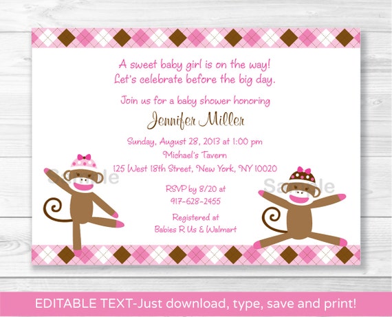 Pink Sock Monkey Baby Shower Invitation INSTANT DOWNLOAD Editable PDF Il_570xn