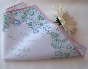 Flower girl handkerchief, flowers bees and birds, mint and pale pink, printed hankerchief, wedding party gift, flowergirl hankie favor