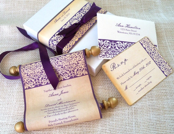 Elegant wedding invitation suite fabric scroll by