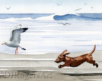 Dachshund Art Print "DACHSHUND At The Beach" Signed by Watercolor Artist DJ Rogers