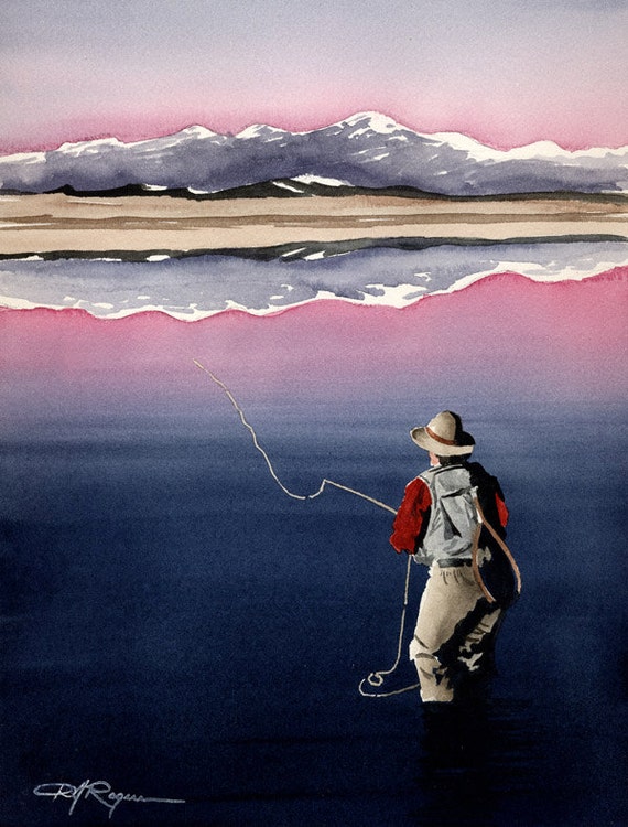FLY FISHING Art Print Signed by Watercolor Artist DJ Rogers