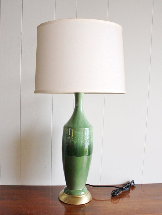 Tall Mid Century Modern Green Glazed Ceramic Table Lamp 7115