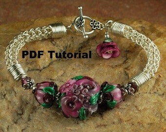 Plum Rose Garden Viking Knit Bracelet Tutorial, Lampwork Beaded Bracelet Tutorial, Viking Knit Tutorial SRA 198 by CC Design