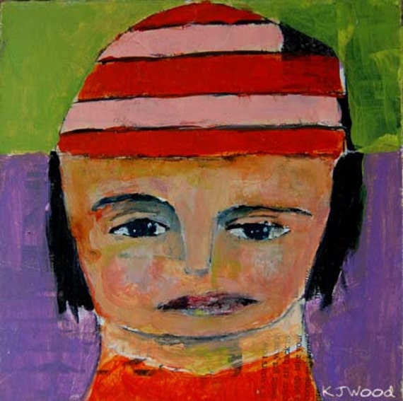 Acrylic Portrait Painting Orange and Pink Winter Hat,  Lime Green, Purple, Girl, Face, Black Hair, 6x6 canvas panel
