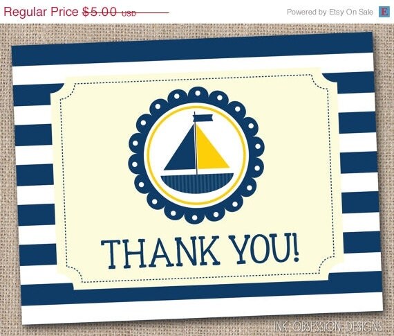 40% OFF SALE Printable Thank You Card Design - Yellow and Navy Blue Sailboat and Stripes INSTANT Download Il_570xn