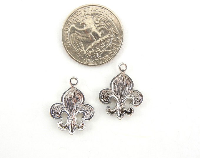 Small Pair of Antique Silver-tone Fleur De Lis Charms with Blue Wash Accent