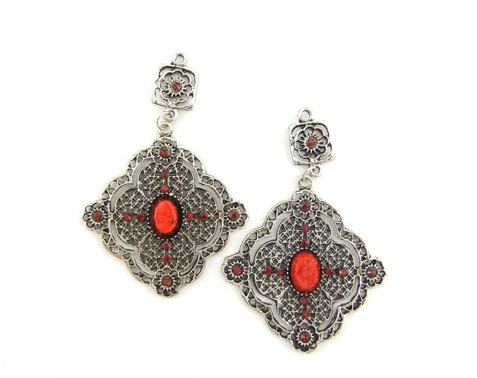 Pair of Antique Silver-tone Drop Charms Red Accents