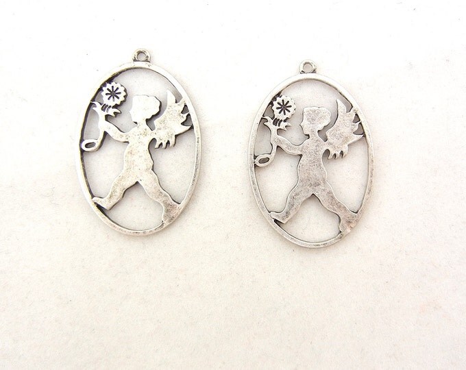 Set of 2 Antique Silver-tone Oval Cupid Charms