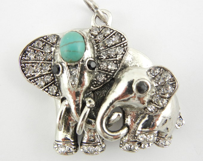 Antique Silver-tone Elephant Mom and Baby Elephant Pendant with Acrylic Turquoise Cabochon
