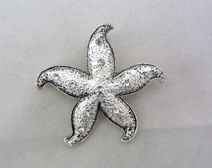 Starfish Pendant Antique Silver-tone Textured with Rhinestones