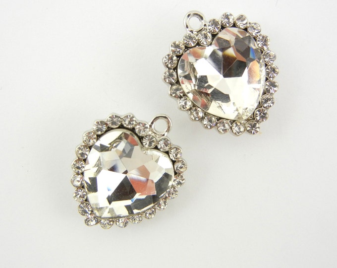 Pair of Crystal Heart Charms Silver-tone Rhinestone Edged