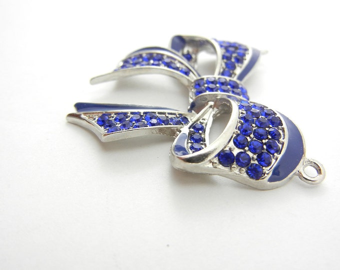 Sapphire Blue Rhinestone Ribbon Bow Pendant Double Links Silver-tone