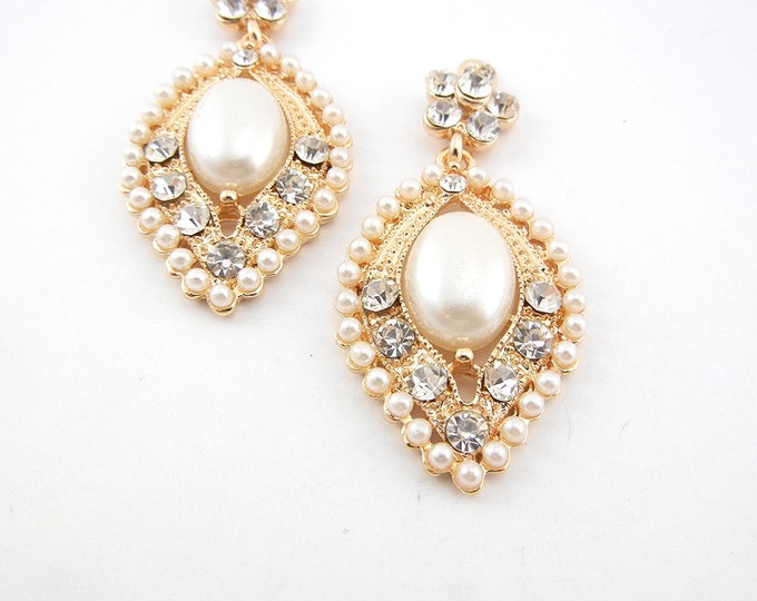 Pair of Gold-tone Marquis Faux Pearl and Rhinestone Drop Charms