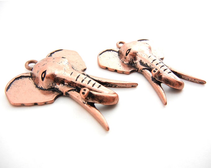 Pair of Antique Copper-tone Elephant Head with Long Tusks Charms