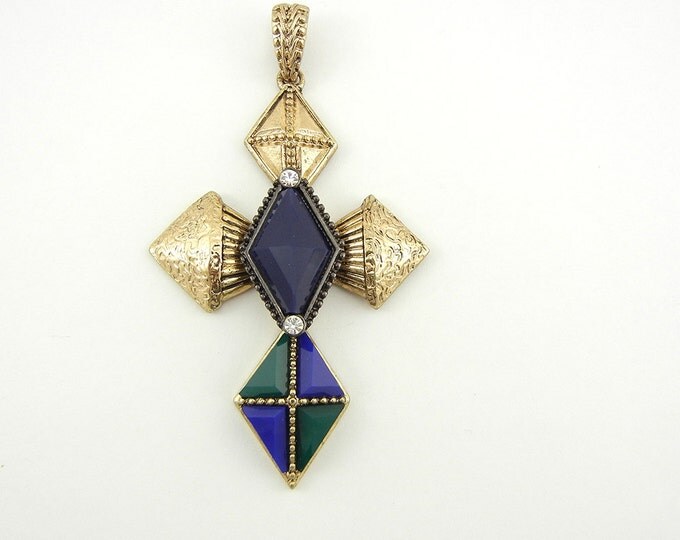 Gold-tone Blue and Green Acrylic Accented Cross Pendant