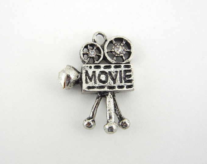 Antique Silver-tone Movie Camera Charm with Rhinestone Accents