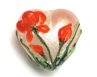 Vermilion Flower Heart Focal Bead - Handmade Lampwork Bead - 11832205
