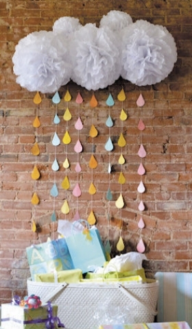 Beth Collection- 5 White Pom Poms and Rain Drop Garland