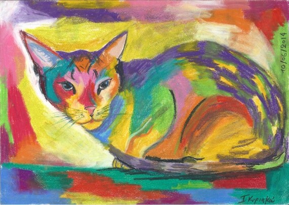 Cute cat vibrant colors chalk pastel sketch by PapeMoe on Etsy