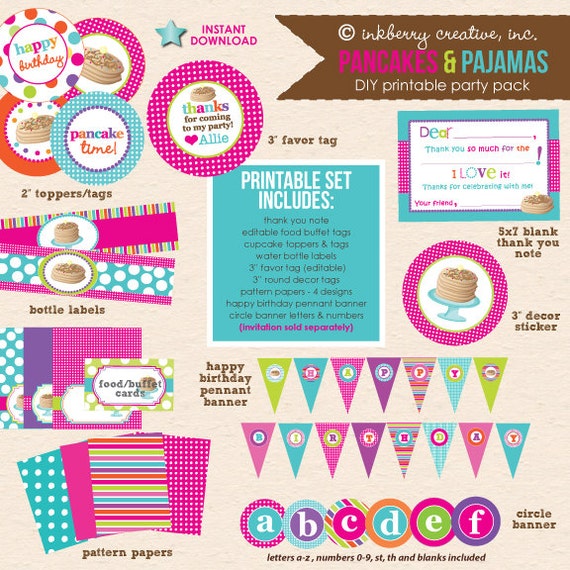 Pancakes & Pajamas Girl (Pink/Aqua/Lime) Birthday - DIY Printable Party Pack - INSTANT DOWNLOAD! Il_570xn