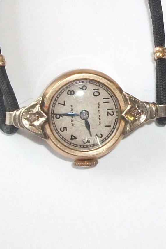 Antique Waltham Diamond Chip Black Cord Premier Ladies Watch