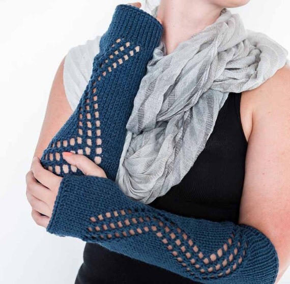 Knit Fingerless Gloves Knit Arm Warmers Knit Gloves Fingerless Mittens Knit Hand Warmers Gauntlets Knit Wrist Warmers Indigo Blue Lace