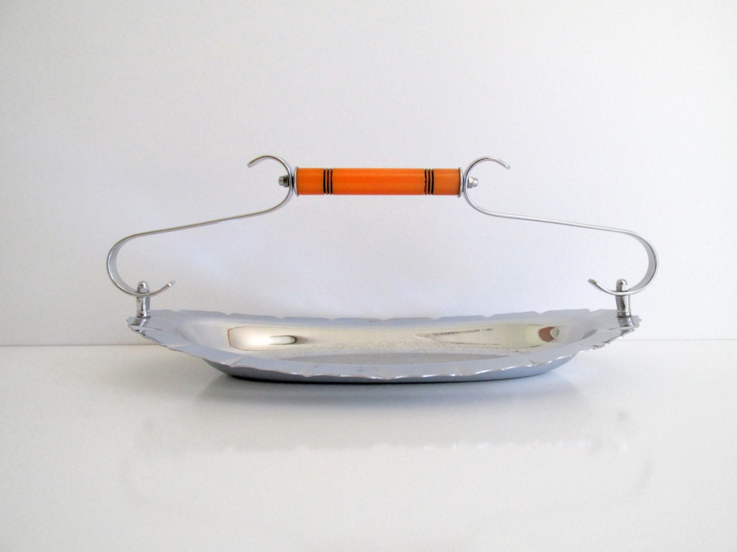 Vintage Chrome Serving Tray Orange Bakelite Handle Silver Plate Art