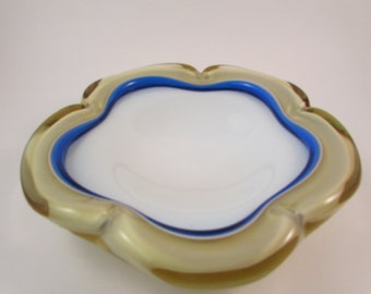 Vintage Murano Art Glass Flower Shaped Bowl Amber Blue and White Glass Bowl