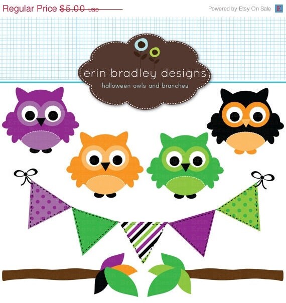 50% OFF SALE Halloween Owls and Bunting Commercial Use Digital Clipart Graphics Il_570xn