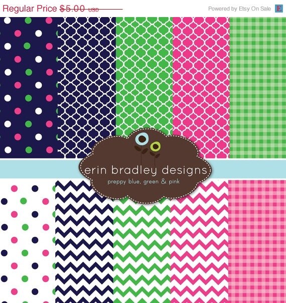 50% OFF SALE Digital Scrapbook Papers Personal and Commercial Use Preppy Navy Blue Pink and Green Il_570xn