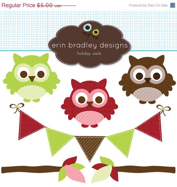 50% OFF SALE Holiday Owls Clipart Clip Art Personal & Commercial Use Christmas Bunting and Tree Branches Il_570xn