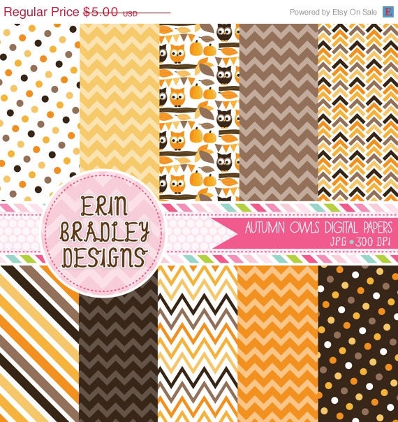 50% OFF SALE Autumn Owls Orange Brown and Yellow Digital Paper Pack INSTANT Download Il_570xn