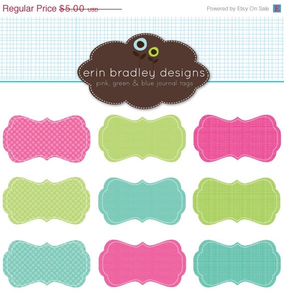 50% OFF SALE Digital Scrapbooking Clipart Clip Art Pink Green and Blue Journal Tags Personal & Commercial Use Il_570xn