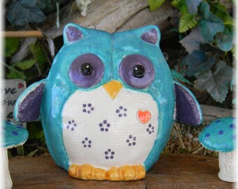 Modern Glazed Owl - Ceramic shabby decor Turquoise purple Felty owl fabric like