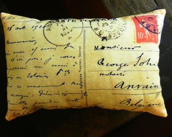 French Postcard Pillow, Antique Postcard Pillow, Cottage Chic French Country Decorative Pillow, 1920 Postcard Accent Pillow 7 1/2 x 11 1/2"