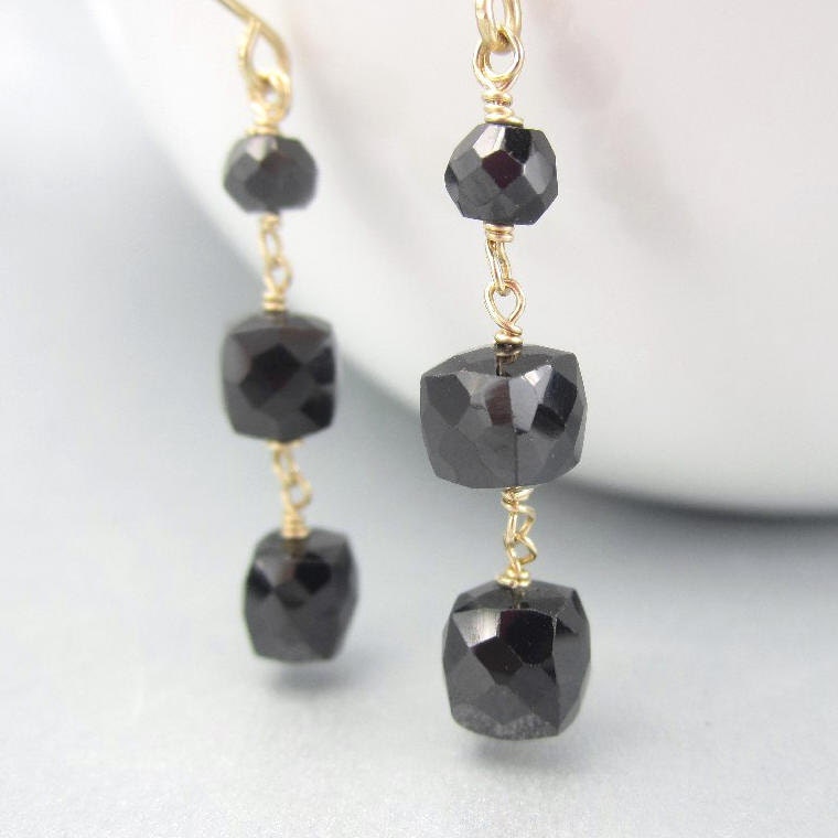 Black Gemstone Earrings Gold Filled Long by FlauntDesignsJewelry