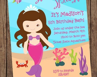 Brunette or Blonde Mermaid Birthday Invitations - 1.00 each with envelope