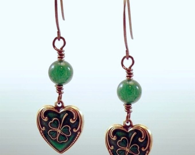 Enamel Heart Shamrock Clover Earrings, Vintaj Antique Brass, Genuine Gemstones. St Patricks Day, Lucky Irish Earrings