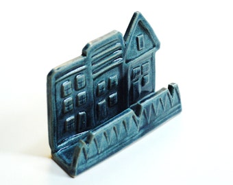 Business card holder,pottery card holder,realtor gift,teal house display,clay card display,teal desk decor,townhouse holder, desk ornament