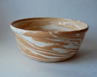 Vintage Pottery Bowl, Tan and White, Swirl, Home Decor, Hand Crafted